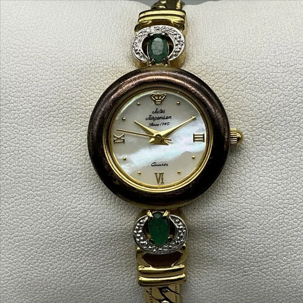 Jules Jurgensen Womens Watch 22mm MOP Green Stone Diamond 7707E New Battery 6.5